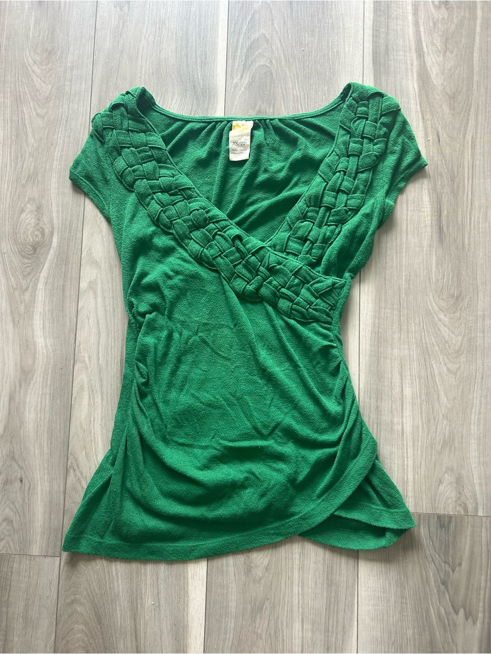 Anthropologie Green Textured Wrap Top XS Ruched Stretch Knit Cap Sleeve